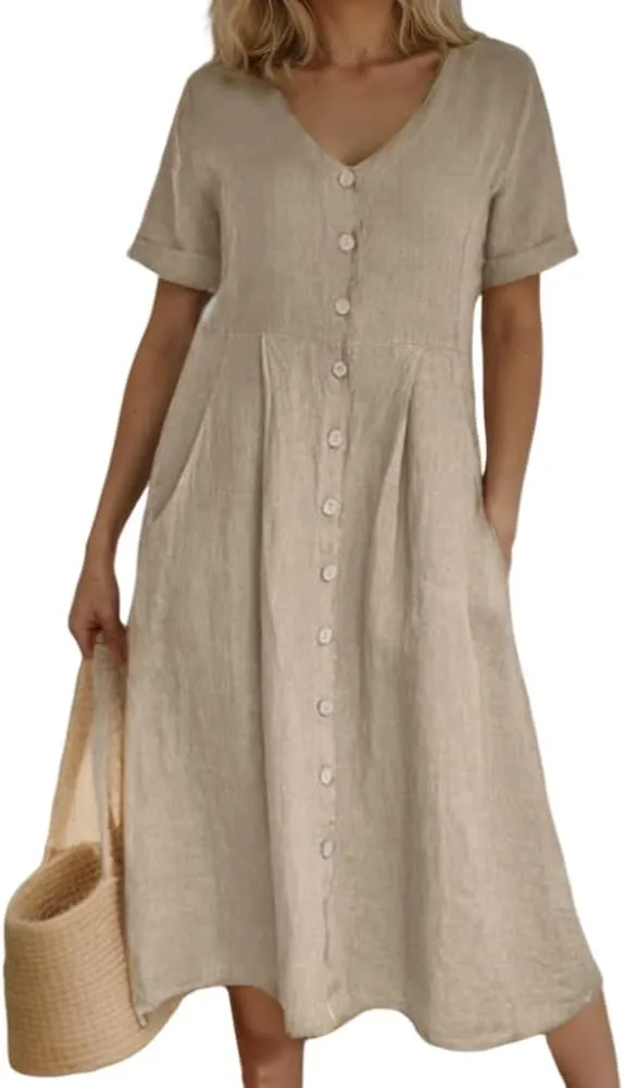 Akivide Women's 2025 Summer Linen Button Down Midi Dresses Plus Size Short Sleeve Beach Flowy Dress for Women with 2 Pockets