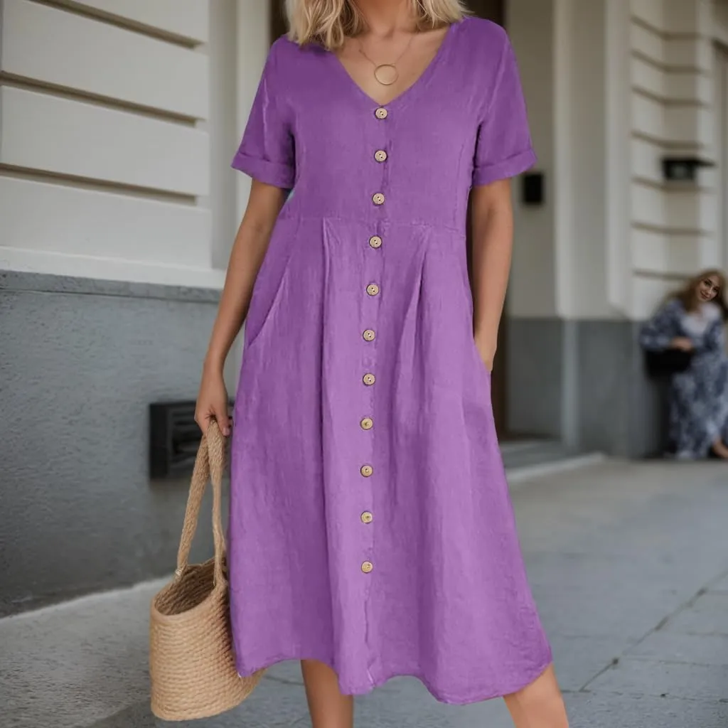 Akivide Women's 2025 Summer Linen Button Down Midi Dresses Plus Size Short Sleeve Beach Flowy Dress for Women with 2 Pockets