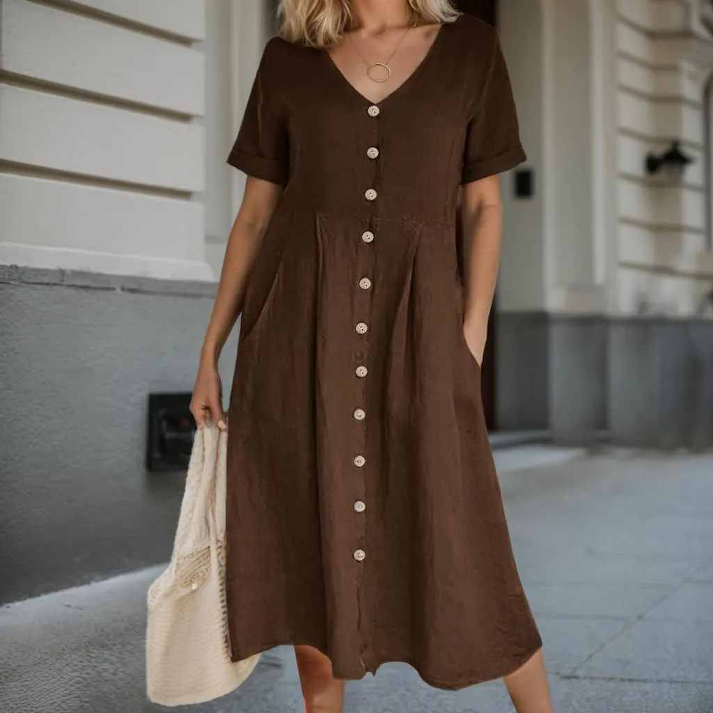 Akivide Women's 2025 Summer Linen Button Down Midi Dresses Plus Size Short Sleeve Beach Flowy Dress for Women with 2 Pockets