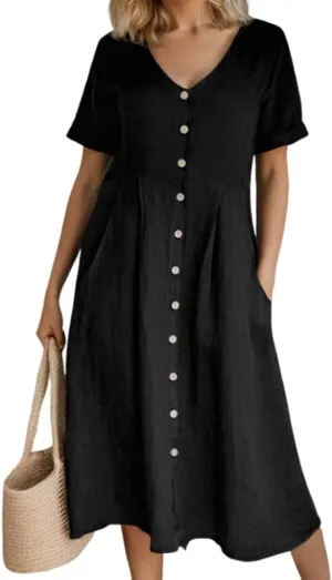 Akivide Women's 2025 Summer Linen Button Down Midi Dresses Plus Size Short Sleeve Beach Flowy Dress for Women with 2 Pockets