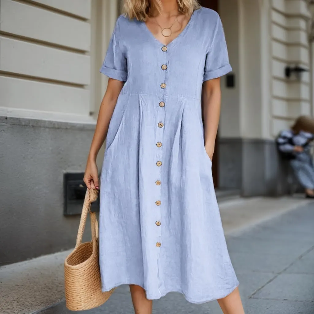 Akivide Women's 2025 Summer Linen Button Down Midi Dresses Plus Size Short Sleeve Beach Flowy Dress for Women with 2 Pockets
