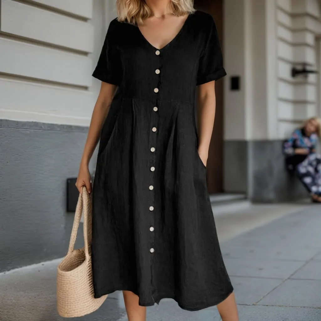 Akivide Women's 2025 Summer Linen Button Down Midi Dresses Plus Size Short Sleeve Beach Flowy Dress for Women with 2 Pockets