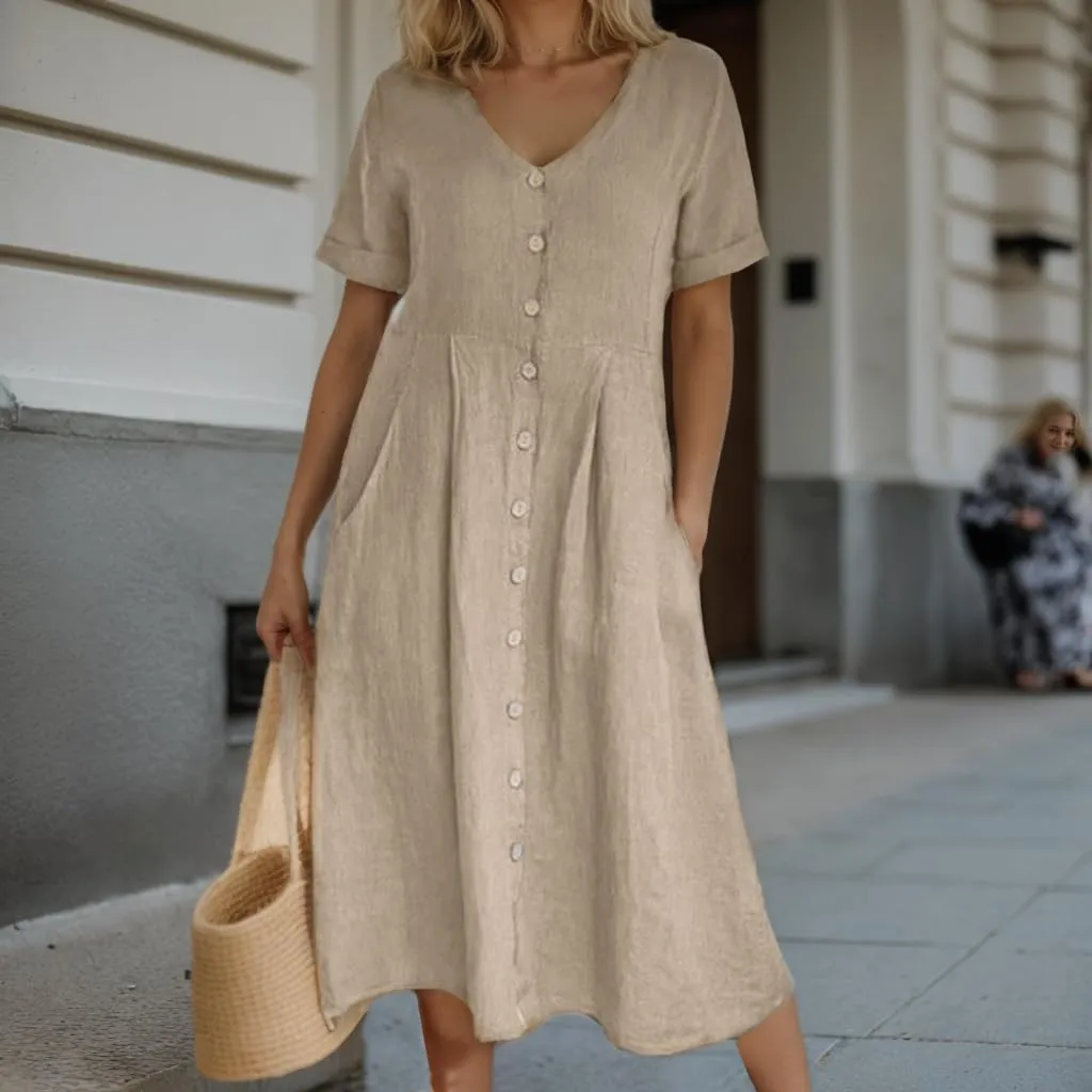Akivide Women's 2025 Summer Linen Button Down Midi Dresses Plus Size Short Sleeve Beach Flowy Dress for Women with 2 Pockets