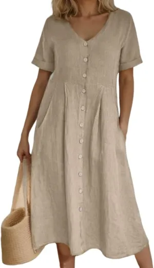 Akivide Women's 2025 Summer Linen Button Down Midi Dresses Plus Size Short Sleeve Beach Flowy Dress for Women with 2 Pockets
