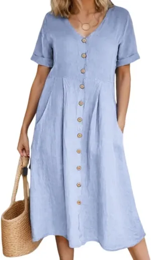 Akivide Women's 2025 Summer Linen Button Down Midi Dresses Plus Size Short Sleeve Beach Flowy Dress for Women with 2 Pockets
