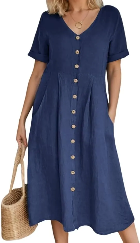 Akivide Women's 2025 Summer Linen Button Down Midi Dresses Plus Size Short Sleeve Beach Flowy Dress for Women with 2 Pockets
