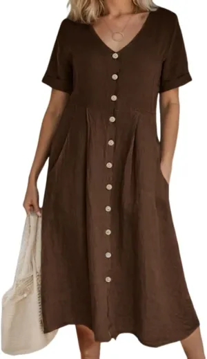 Akivide Women's 2025 Summer Linen Button Down Midi Dresses Plus Size Short Sleeve Beach Flowy Dress for Women with 2 Pockets