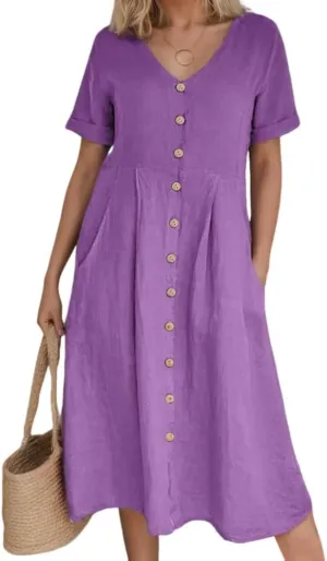 Akivide Women's 2025 Summer Linen Button Down Midi Dresses Plus Size Short Sleeve Beach Flowy Dress for Women with 2 Pockets