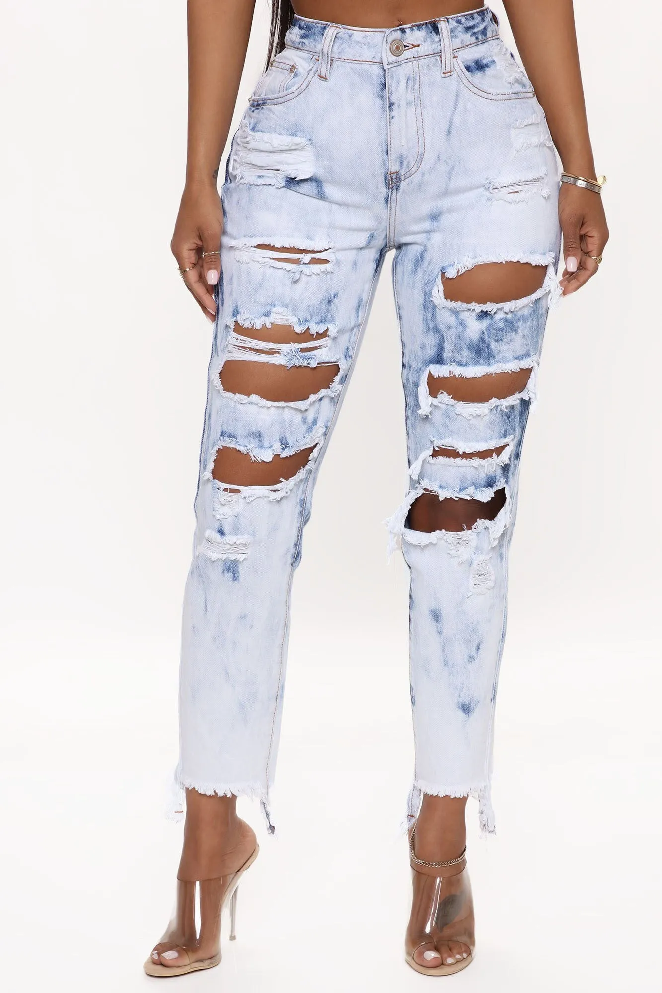 All Tripped Up Ripped Straight Leg Jeans - Acid Wash Blue