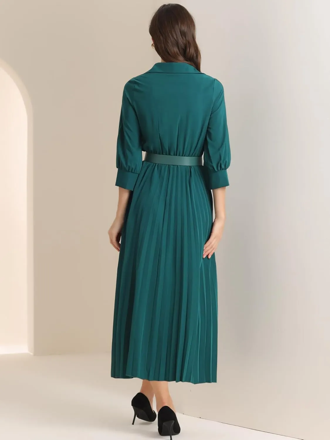 Allegra K Elegant Pleated Dress for Women's 3/4 Sleeves Collar V Neck Belted Maxi Dresses