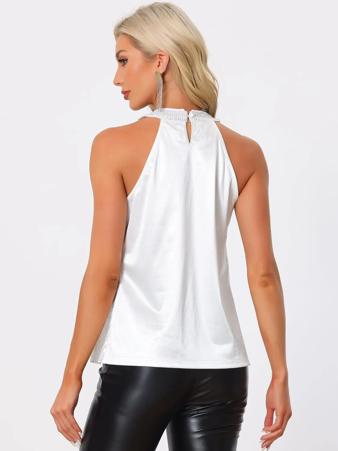 Allegra K Party Club Cocktail Sleeveless Tops for Women's Sparkle Vest Tank Camisole Sequin Halter Tops
