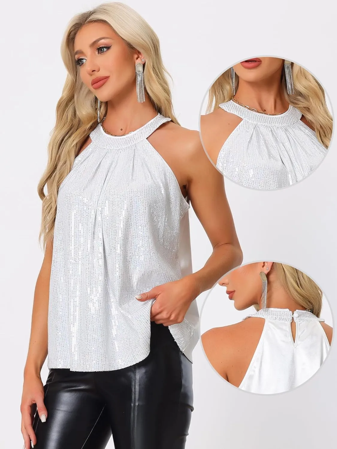 Allegra K Party Club Cocktail Sleeveless Tops for Women's Sparkle Vest Tank Camisole Sequin Halter Tops