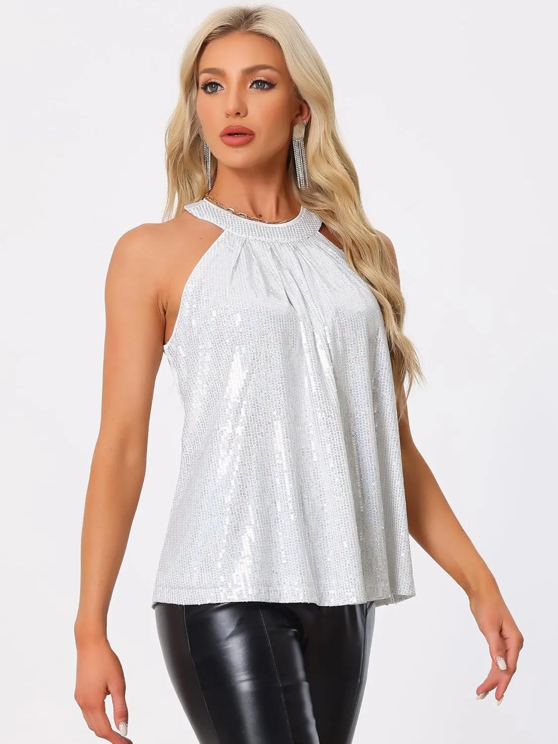 Allegra K Party Club Cocktail Sleeveless Tops for Women's Sparkle Vest Tank Camisole Sequin Halter Tops