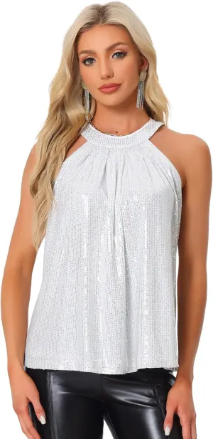 Allegra K Party Club Cocktail Sleeveless Tops for Women's Sparkle Vest Tank Camisole Sequin Halter Tops