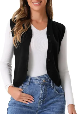 Allegra K Vest Tops for Women Sleeveless Sweater V Neck Cropped Button Up Business Casual Knit Tank Tops
