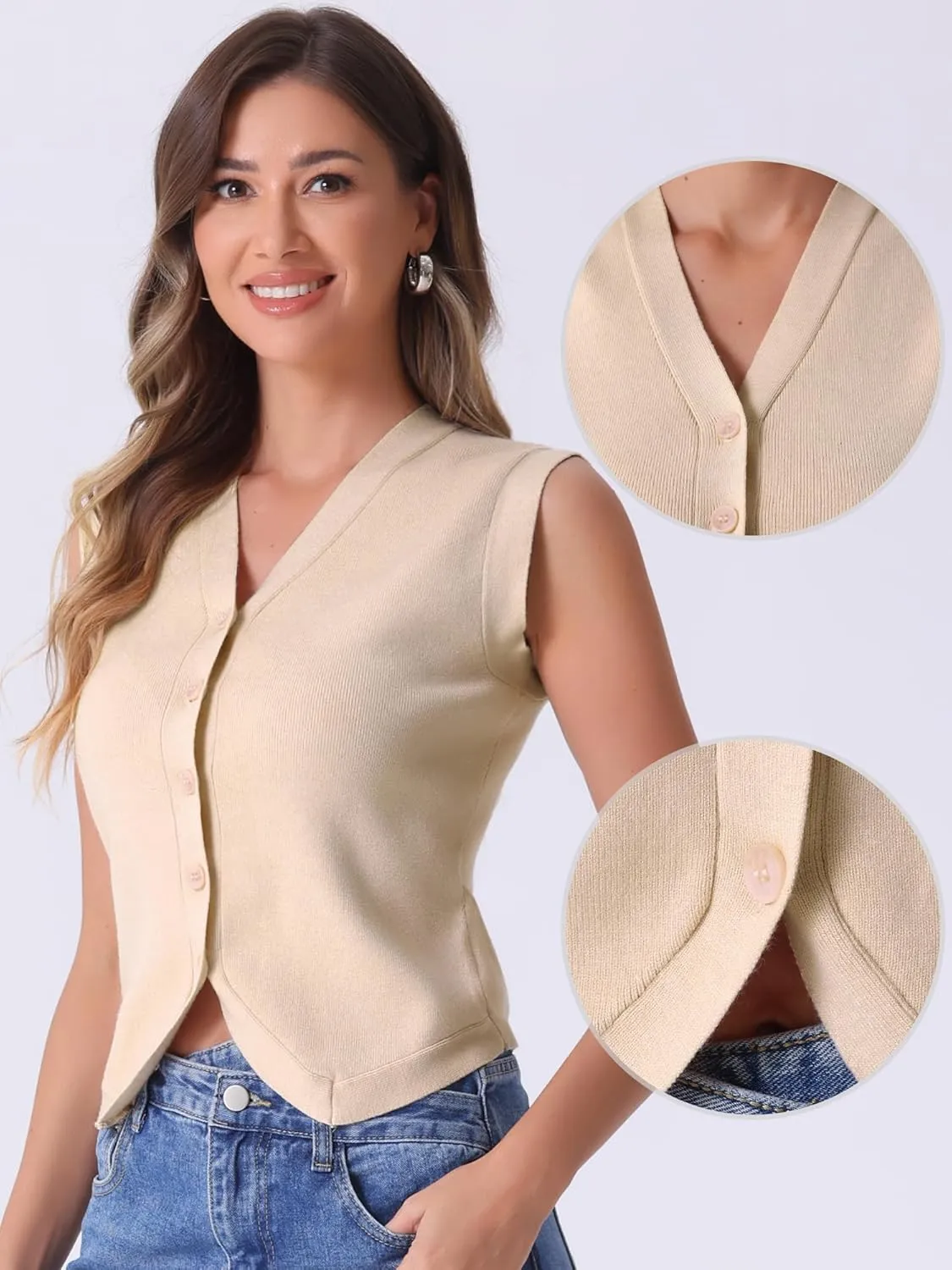 Allegra K Vest Tops for Women Sleeveless Sweater V Neck Cropped Button Up Business Casual Knit Tank Tops
