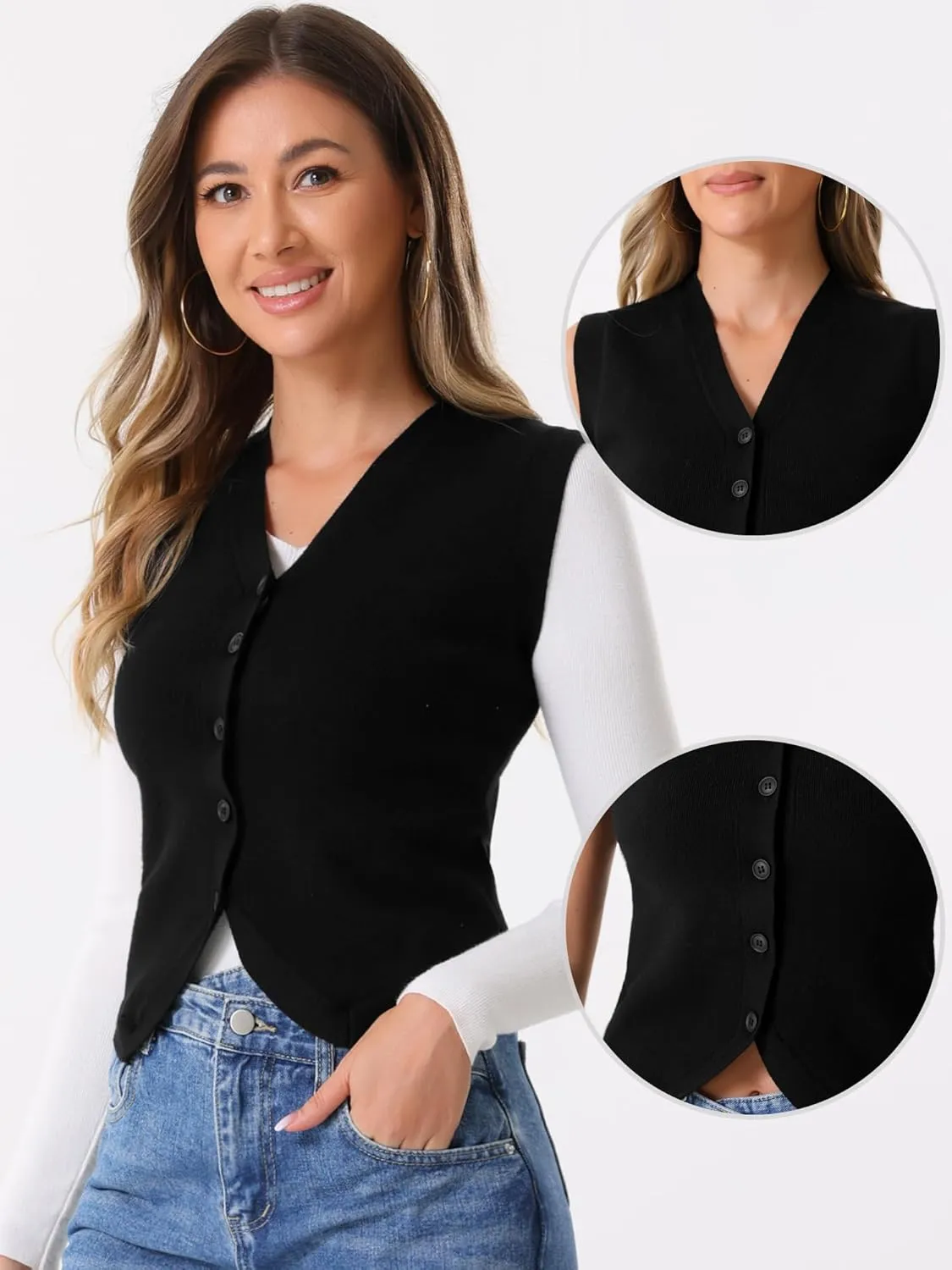 Allegra K Vest Tops for Women Sleeveless Sweater V Neck Cropped Button Up Business Casual Knit Tank Tops