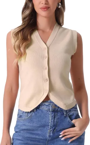 Allegra K Vest Tops for Women Sleeveless Sweater V Neck Cropped Button Up Business Casual Knit Tank Tops