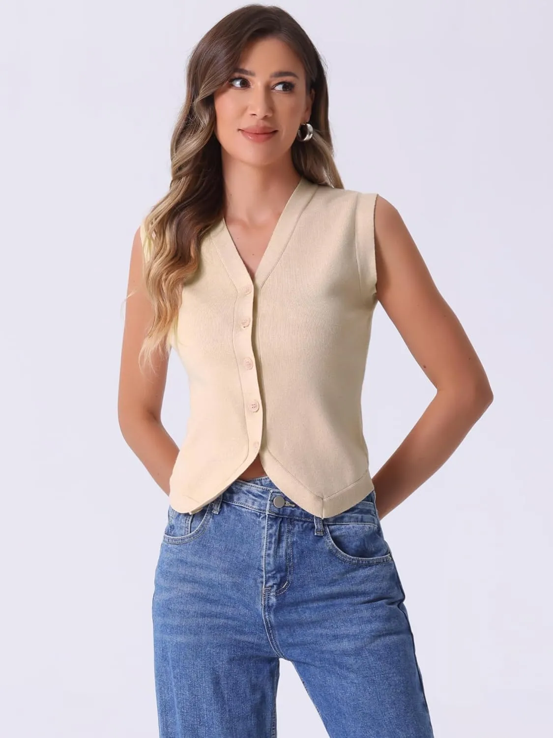 Allegra K Vest Tops for Women Sleeveless Sweater V Neck Cropped Button Up Business Casual Knit Tank Tops