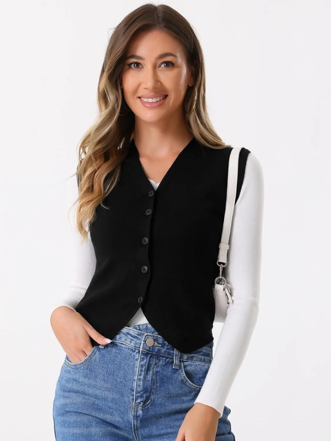 Allegra K Vest Tops for Women Sleeveless Sweater V Neck Cropped Button Up Business Casual Knit Tank Tops