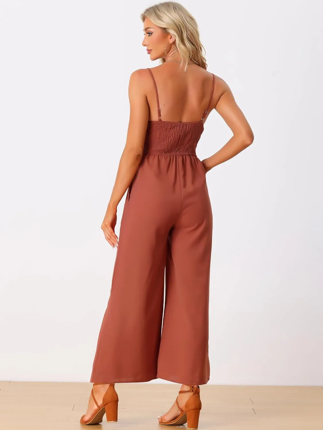 Allegra K Women's Casual Sleeveless Cut Out Smocked Loose Wide Leg Romper Summer Jumpsuits