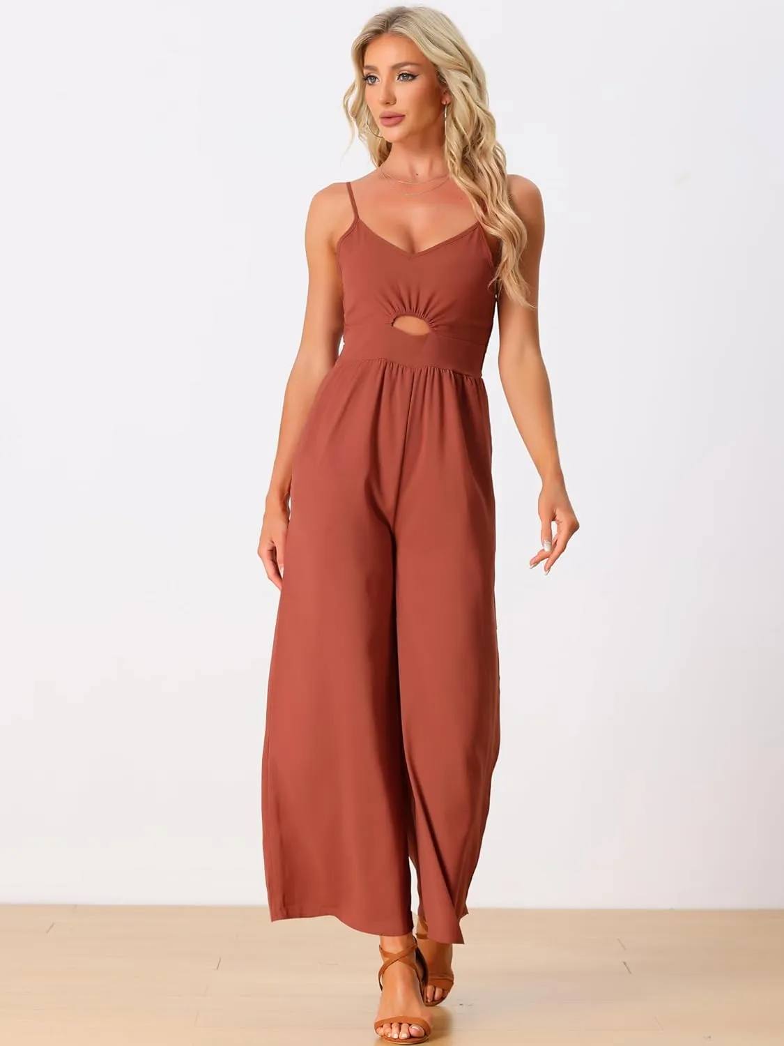 Allegra K Women's Casual Sleeveless Cut Out Smocked Loose Wide Leg Romper Summer Jumpsuits