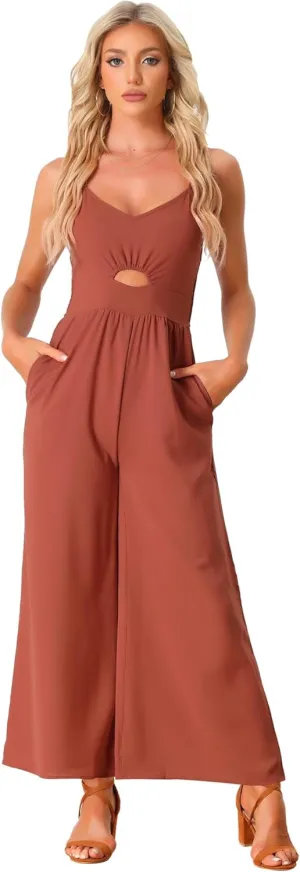Allegra K Women's Casual Sleeveless Cut Out Smocked Loose Wide Leg Romper Summer Jumpsuits