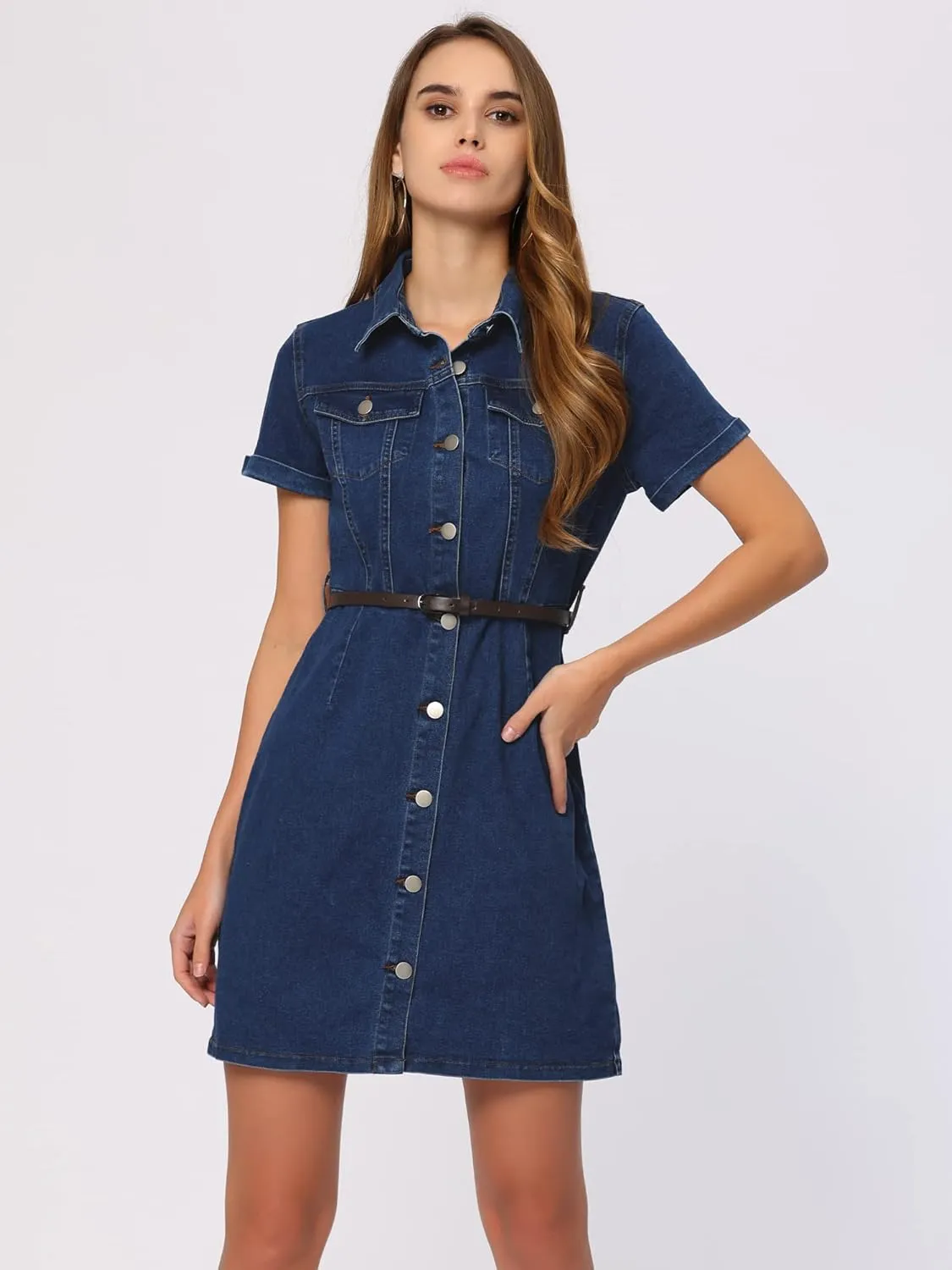 Allegra K Women's Denim Shirt Dress Collar Short Sleeve Belted Button Up Jean Dresses