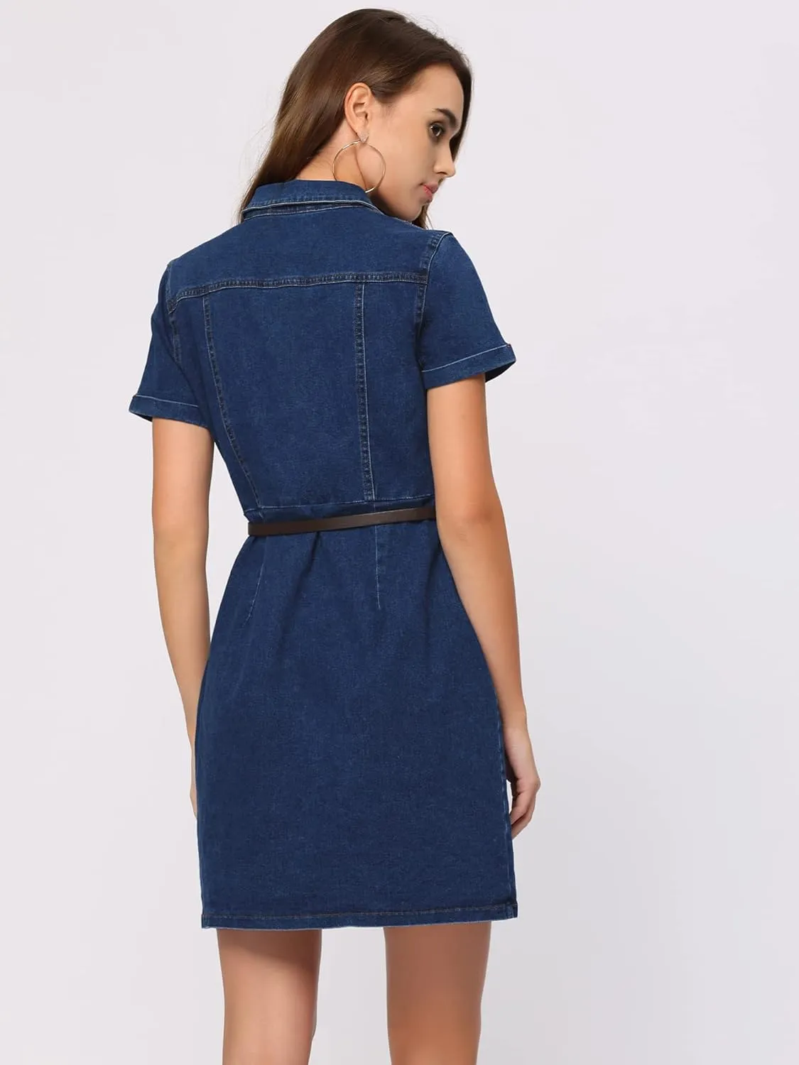 Allegra K Women's Denim Shirt Dress Collar Short Sleeve Belted Button Up Jean Dresses