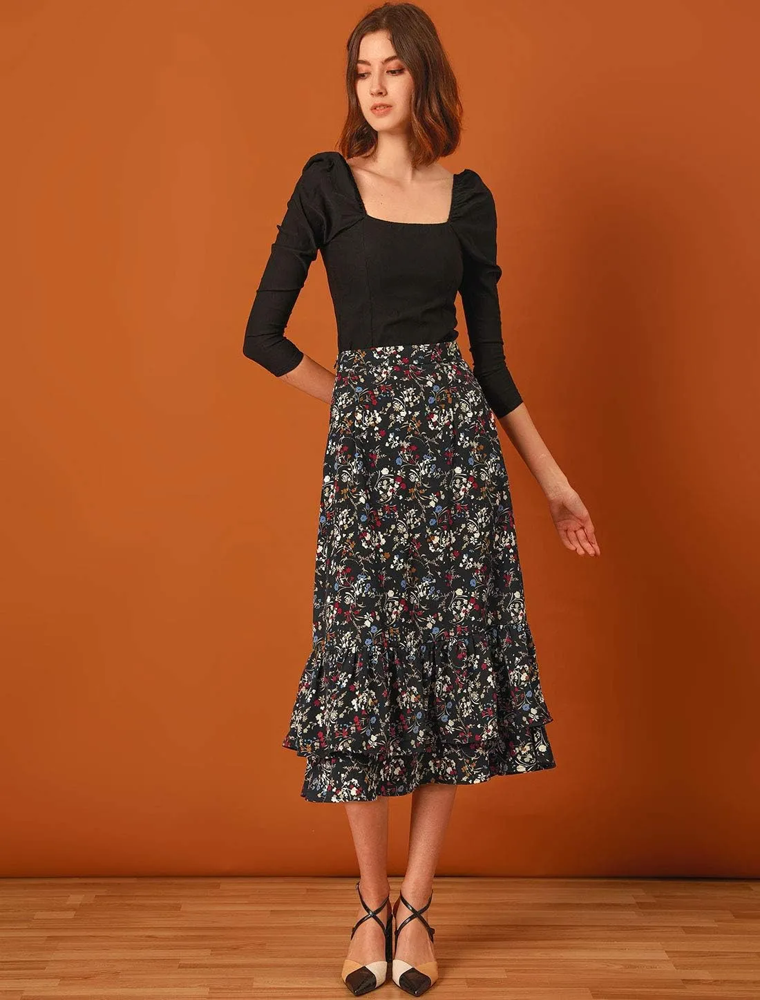 Allegra K Women's Printed Skirt 2025 Trendy Spring Summer Chiffon Elastic Ruffle Tiered Flowy Midi Skirts
