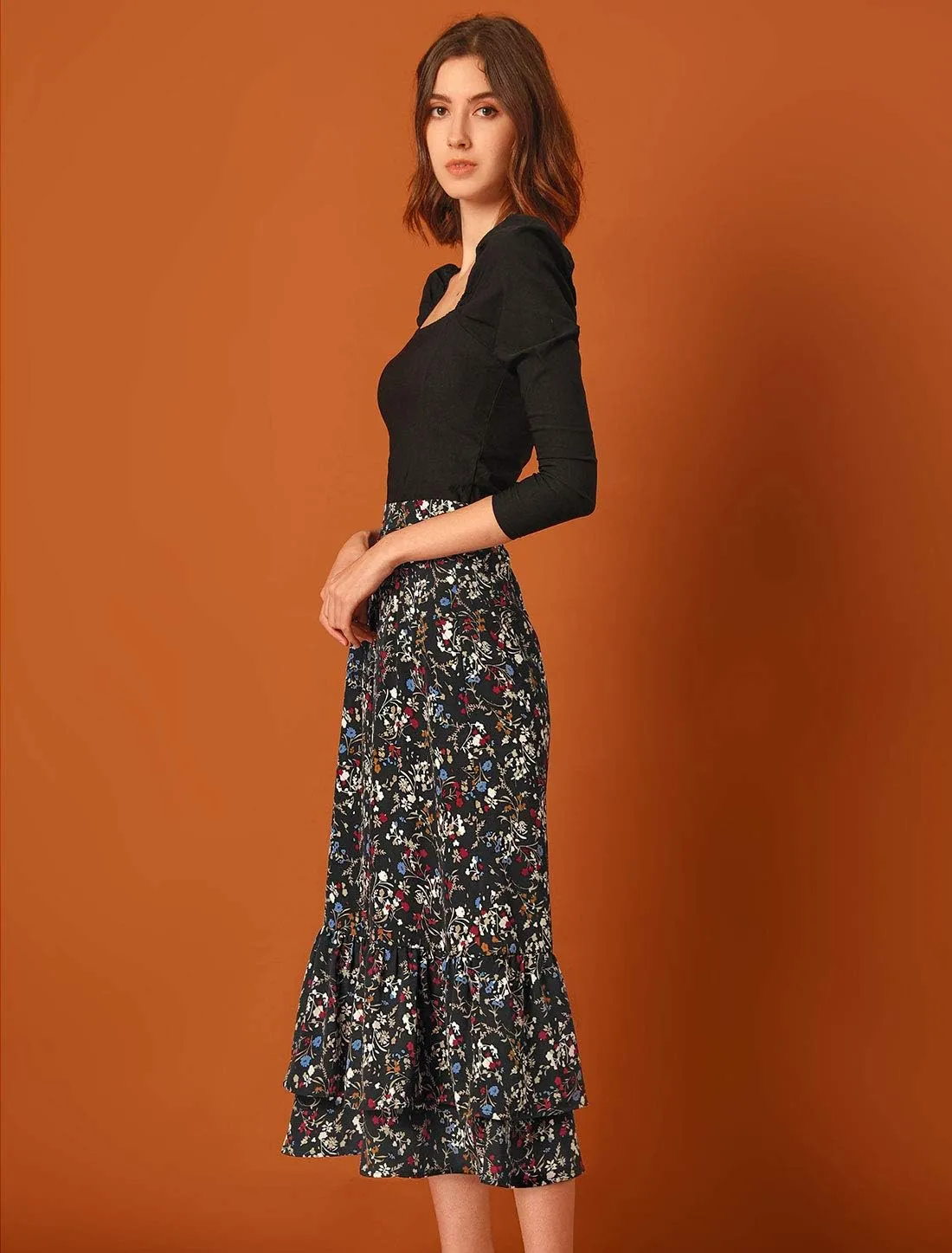 Allegra K Women's Printed Skirt 2025 Trendy Spring Summer Chiffon Elastic Ruffle Tiered Flowy Midi Skirts