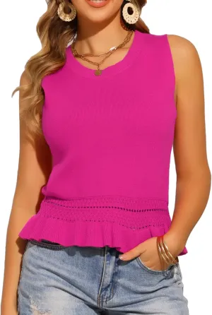 Allegra K Women's Tank Top Crew Neck Sleeveless Ribbed Spring Summer Ruffle Hem Basic Tanks