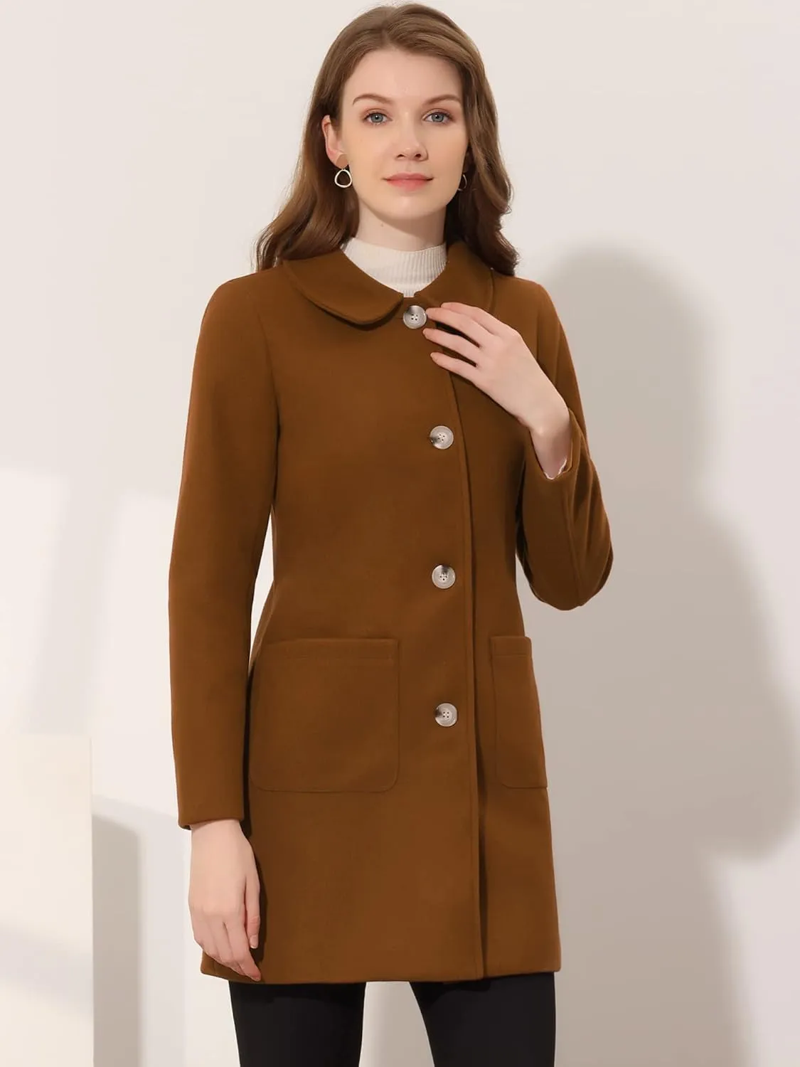 Allegra K Women's Winter Single Breasted Peter Pan Collar Outwear Trench Coat
