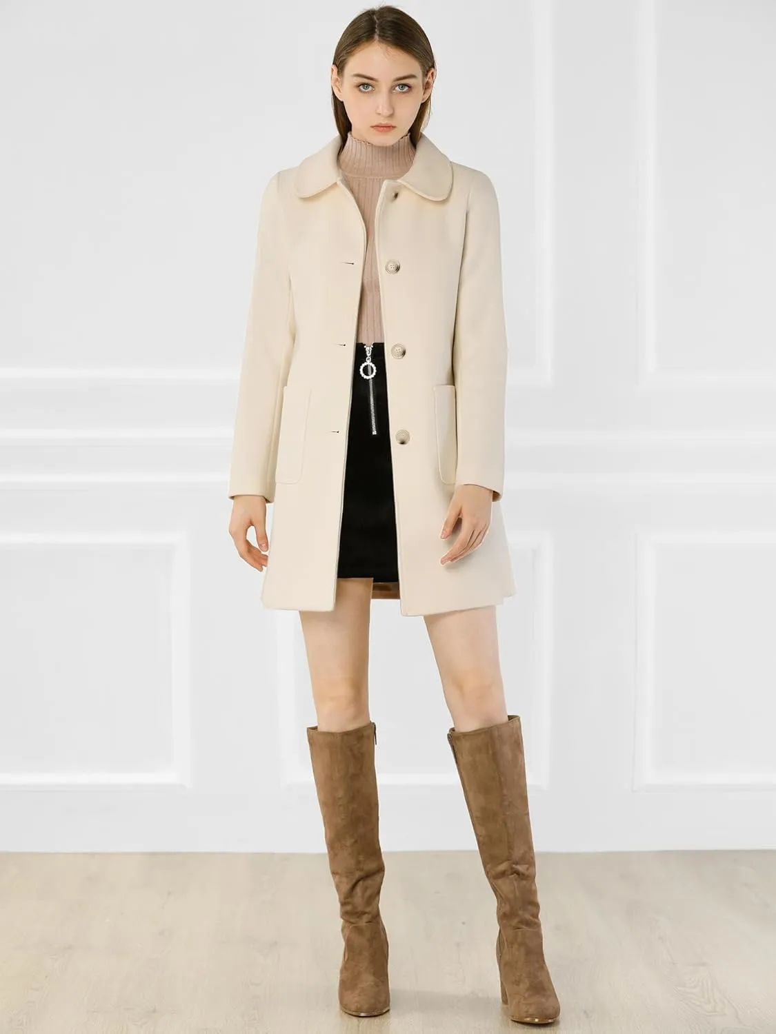 Allegra K Women's Winter Single Breasted Peter Pan Collar Outwear Trench Coat