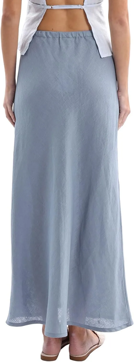 Amazhiyu Women's 100% Linen Drawstring A-Line Midi Skirt for Casual Summer Spring