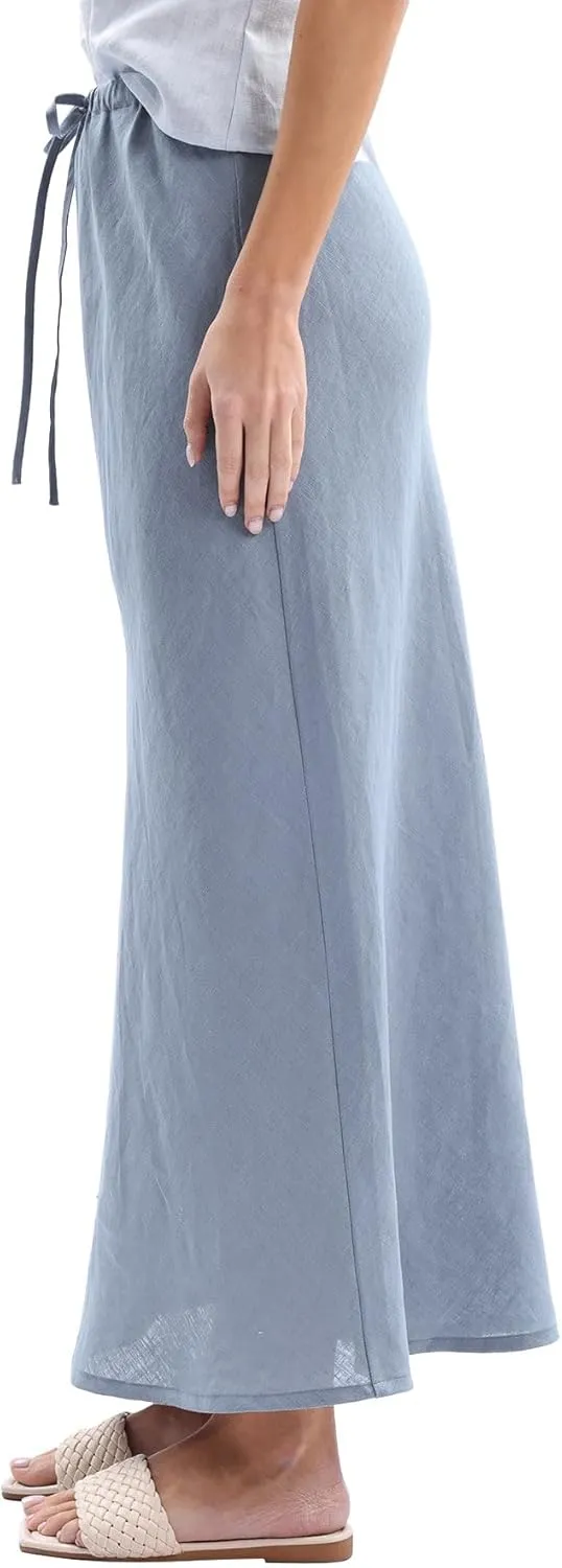 Amazhiyu Women's 100% Linen Drawstring A-Line Midi Skirt for Casual Summer Spring