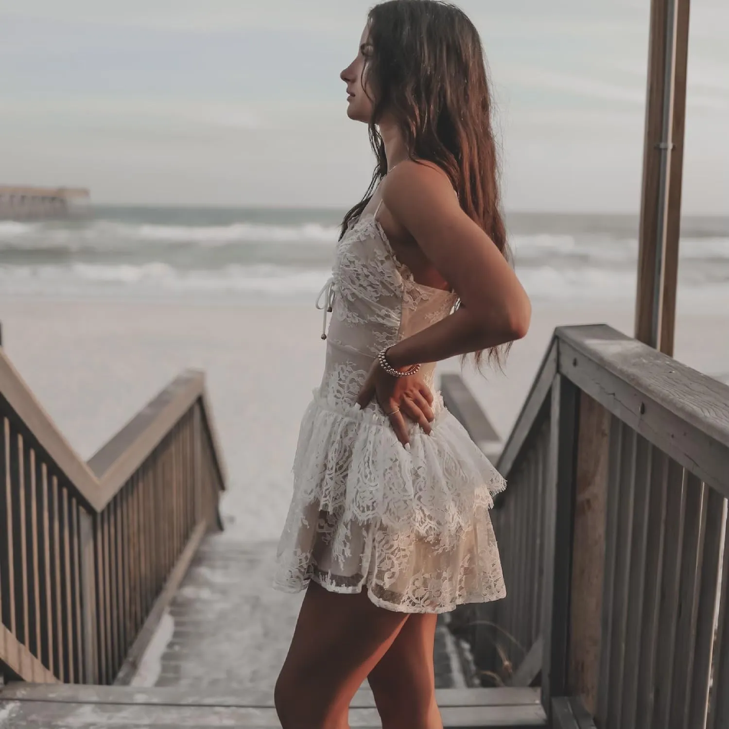 Amazing Lace Women's Summer White V-Neck Adjustable Strap Lace Ruffle Mini Dress