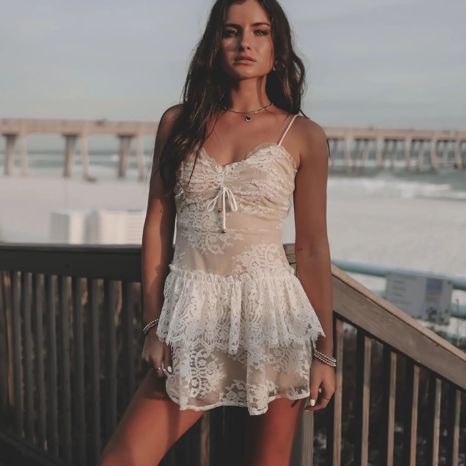 Amazing Lace Women's Summer White V-Neck Adjustable Strap Lace Ruffle Mini Dress