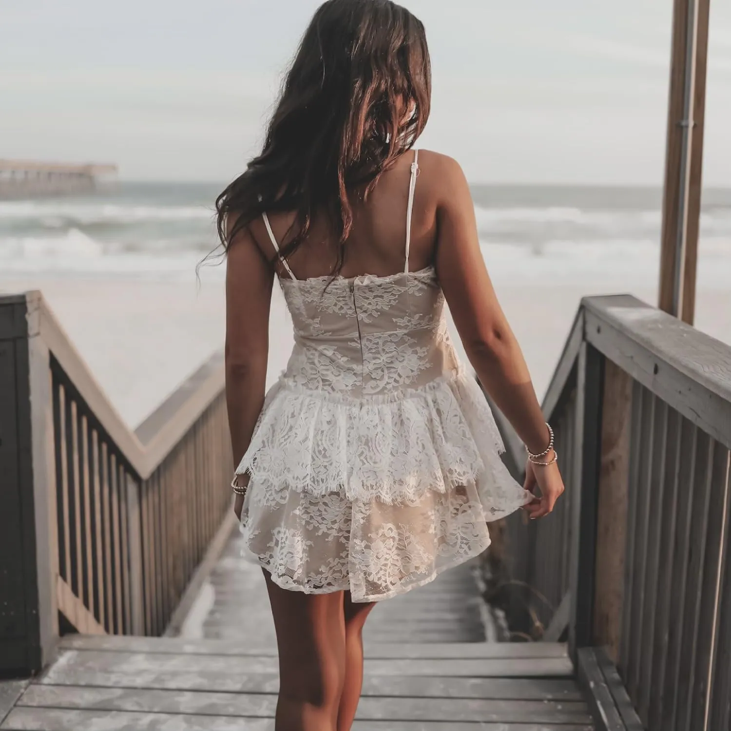 Amazing Lace Women's Summer White V-Neck Adjustable Strap Lace Ruffle Mini Dress
