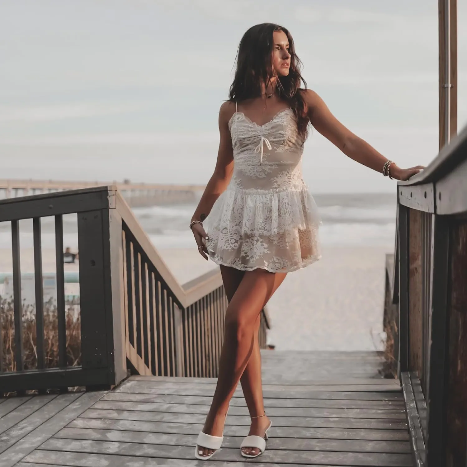 Amazing Lace Women's Summer White V-Neck Adjustable Strap Lace Ruffle Mini Dress