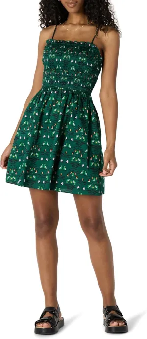 Amazon Essentials Women's Regular-Fit Cotton Sateen Smocked Bodice Short Dress