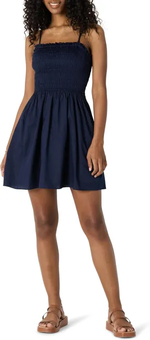Amazon Essentials Women's Regular-Fit Cotton Sateen Smocked Bodice Short Dress