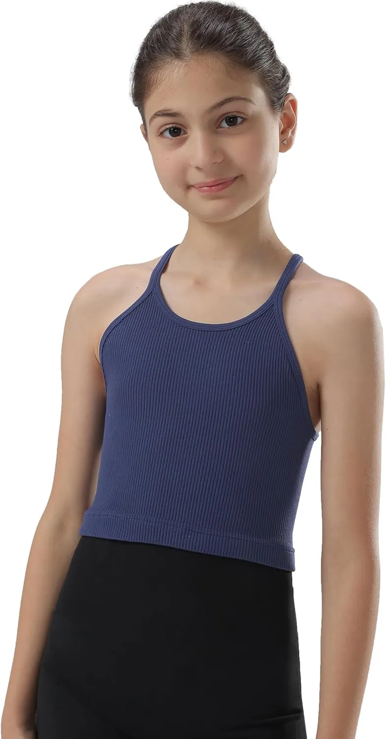 Attifall Girls Ribbed Crop Tank Top Pack Seamless Racerback Cami Tanks for Teen Girl Dance Athletic Cropped Tops