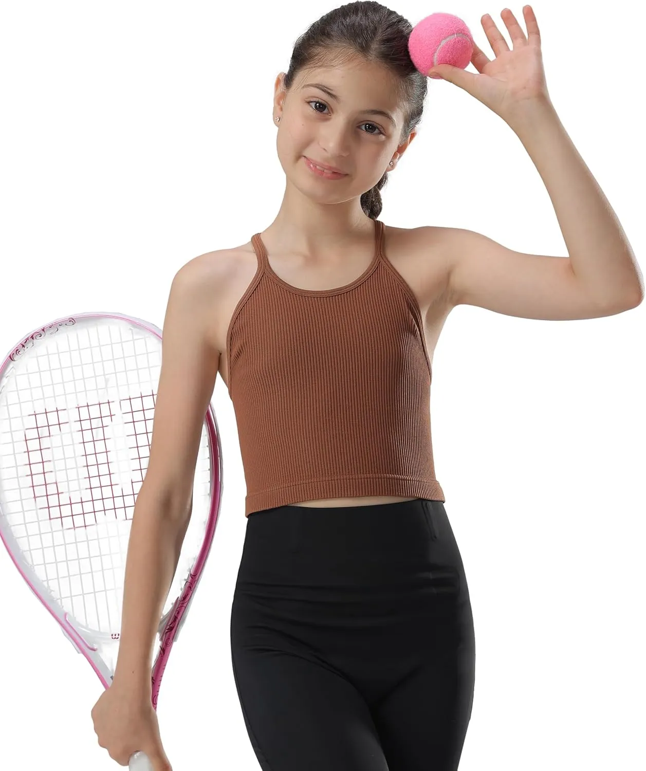 Attifall Girls Ribbed Crop Tank Top Pack Seamless Racerback Cami Tanks for Teen Girl Dance Athletic Cropped Tops