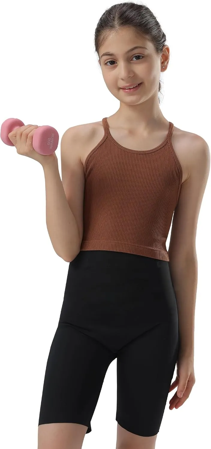 Attifall Girls Ribbed Crop Tank Top Pack Seamless Racerback Cami Tanks for Teen Girl Dance Athletic Cropped Tops