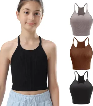 Attifall Girls Ribbed Crop Tank Top Pack Seamless Racerback Cami Tanks for Teen Girl Dance Athletic Cropped Tops