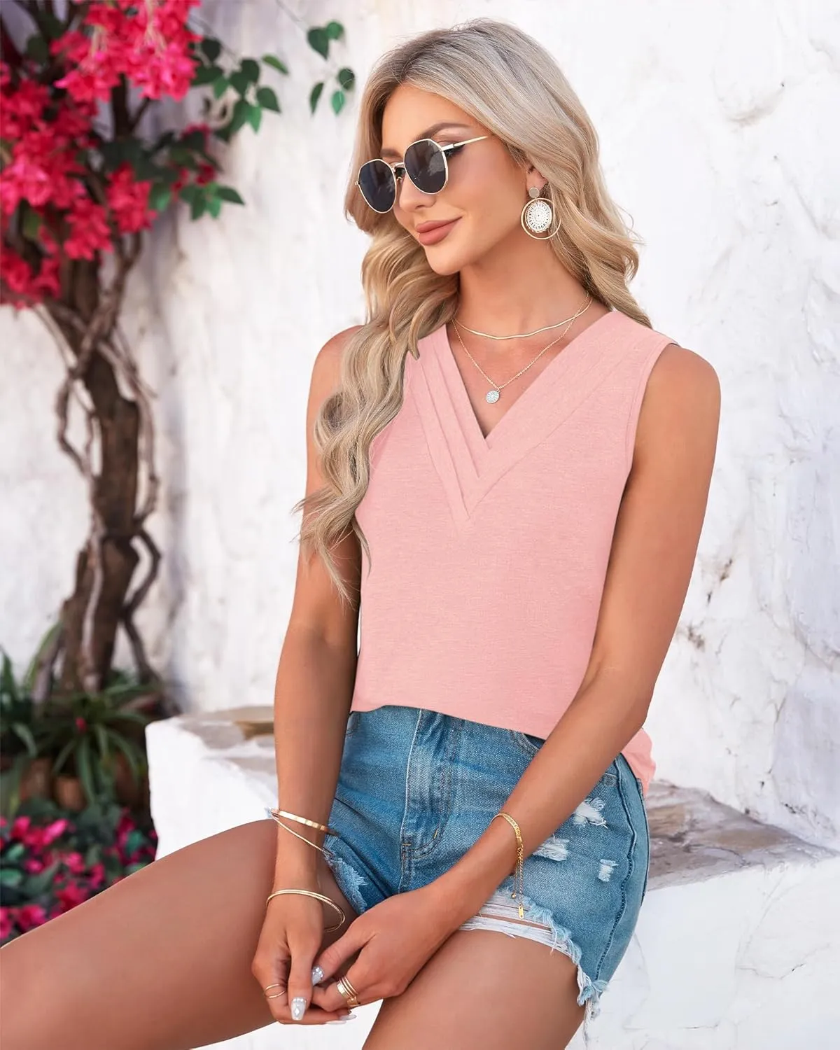 AUSELILY Womens Summer Tank Tops Causal Ladies Dressy Sleeveless V Neck Loose Tunic Shirts 2024 New Camisoles
