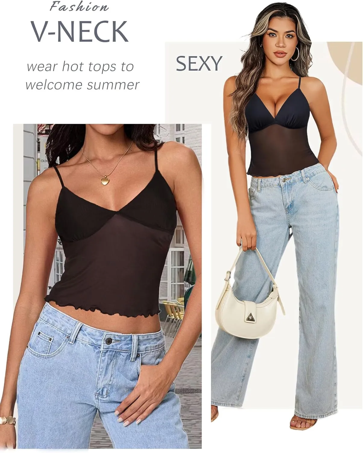 Avidlove Sexy Sheer Tops for Women Mesh Crop Tops See Through V Neck Cami Spaghetti Strap Bralette Tank Top