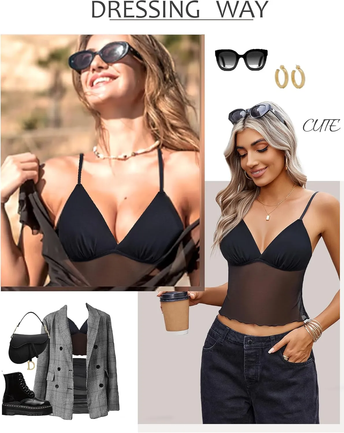 Avidlove Sexy Sheer Tops for Women Mesh Crop Tops See Through V Neck Cami Spaghetti Strap Bralette Tank Top