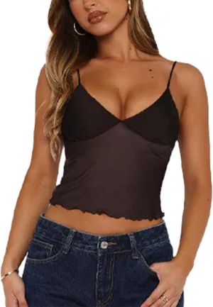 Avidlove Sexy Sheer Tops for Women Mesh Crop Tops See Through V Neck Cami Spaghetti Strap Bralette Tank Top